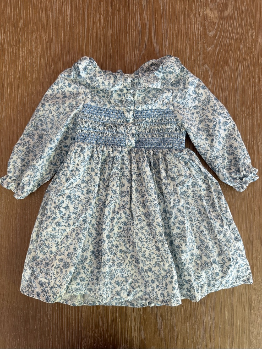 Blue Floral Smocked Long-Sleeve Girls Dress